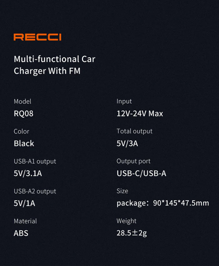 Car Adapter RECCI & FM Bluetooth 15+15W RQ08 - Multi-Functional - Local Warranty