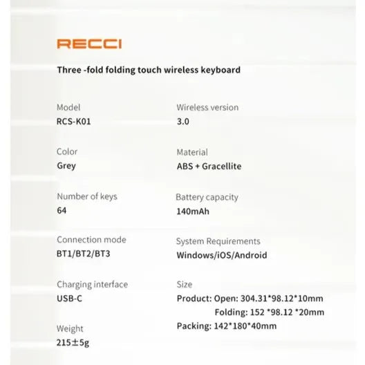 RECCI Touch Mouse & Keyboard Wireless | RCS-K01 - Tri-Fold - Local Warranty